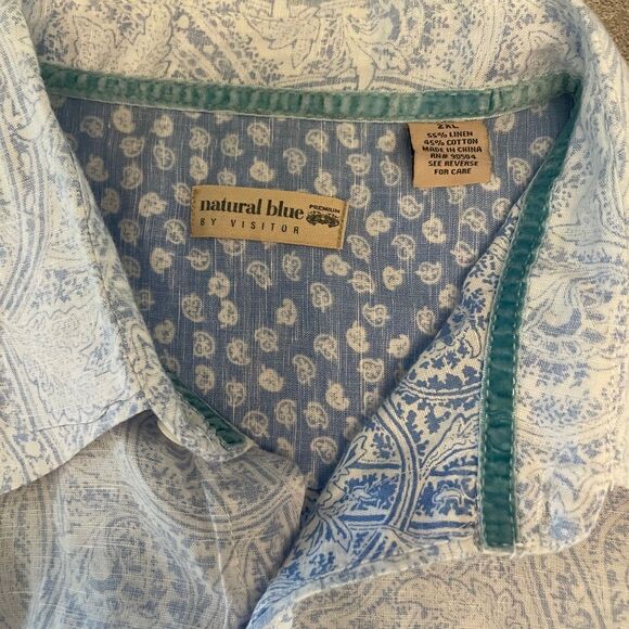 Natural Blue Men's 2XL Button Down  Roll Tab Linen Cotton Blue Paisley Contrast - Picture 8 of 9